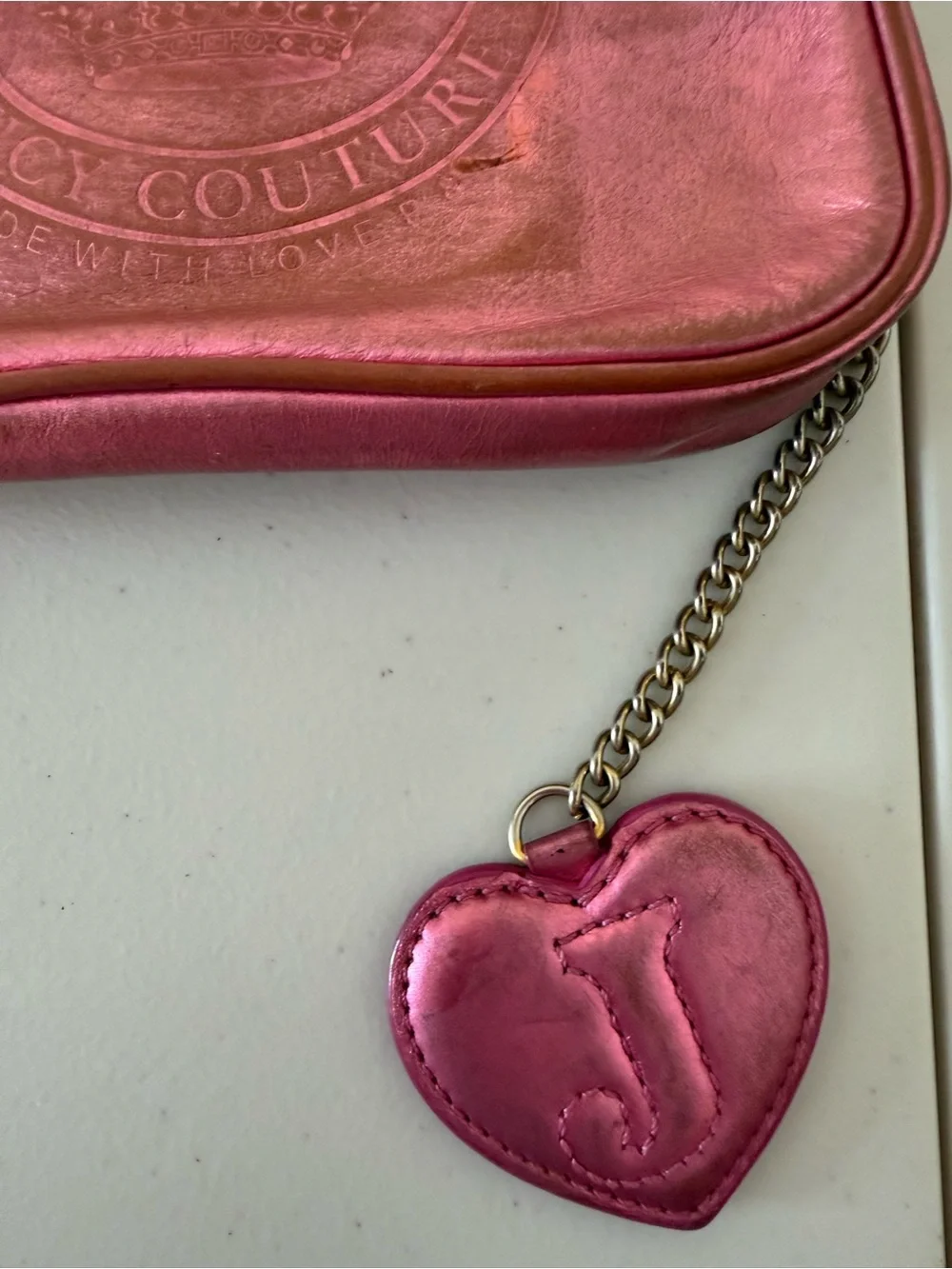Juicy Couture Y2K Pink Metallic Leather Wristlet Clutch Heart Mirror Charm